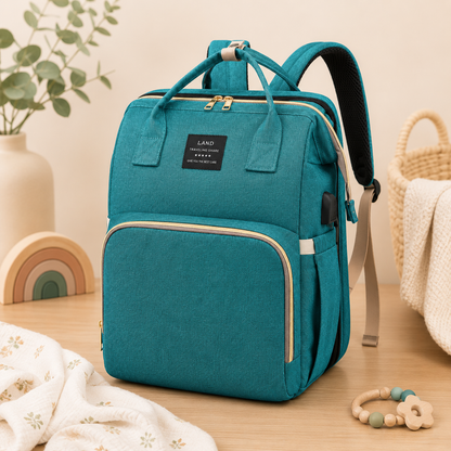 Sac à langer sac à dos turquoise multifonction avec nombreux rangements pour bébé