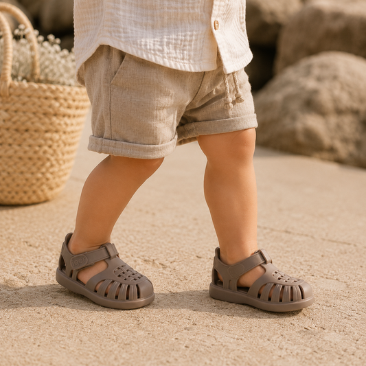Sandales gladiateur bébé café portées par un petit garçon sur une plage au style bohème naturel.