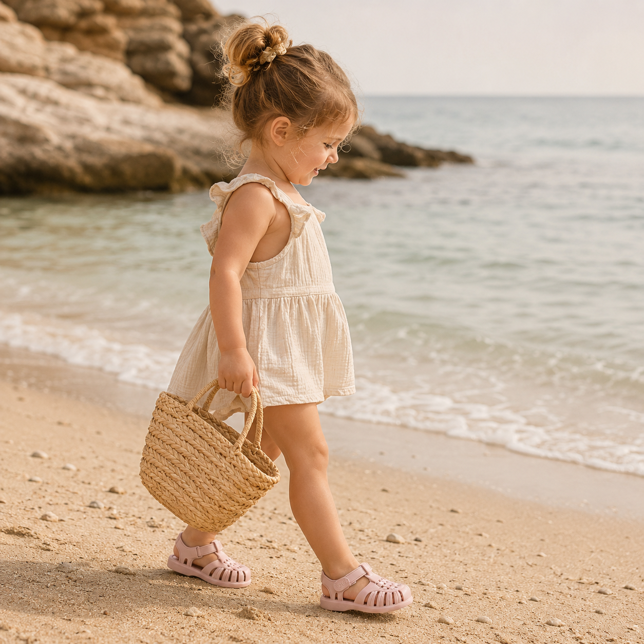 Sandales gladiateur bébé rose portées par une petite fille sur une plage au style bohème naturel.