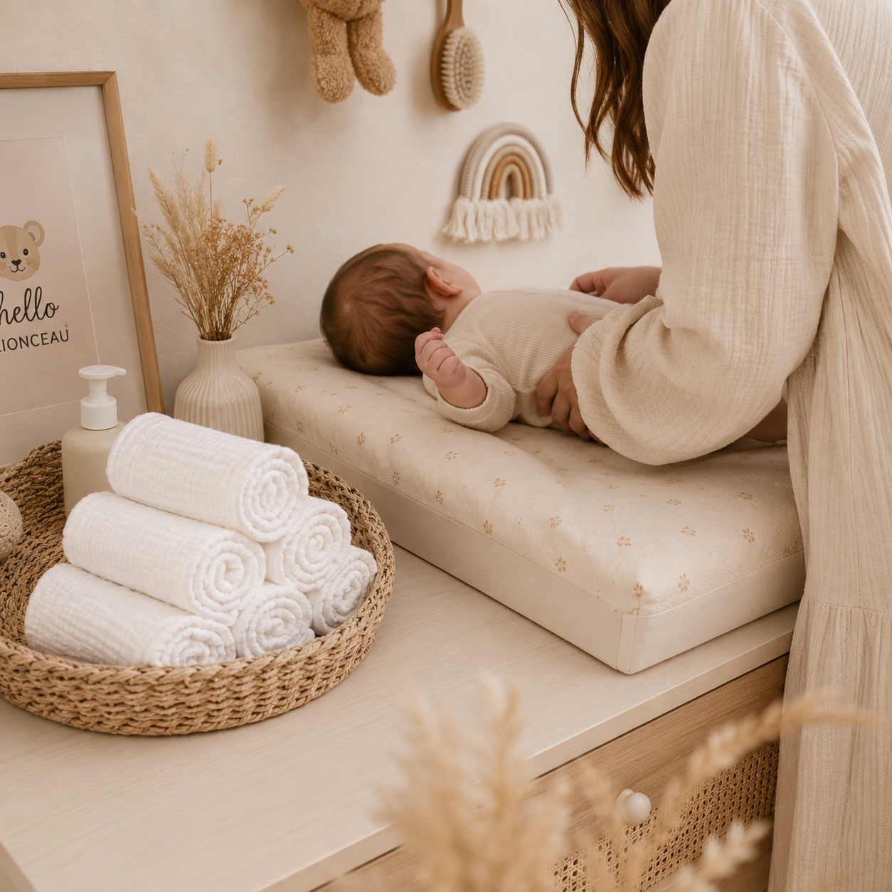 Bébé allongé sur une table à langer bohème avec lot de serviettes blanches en mousseline dans un panier en rotin et maman penchée vers lui.