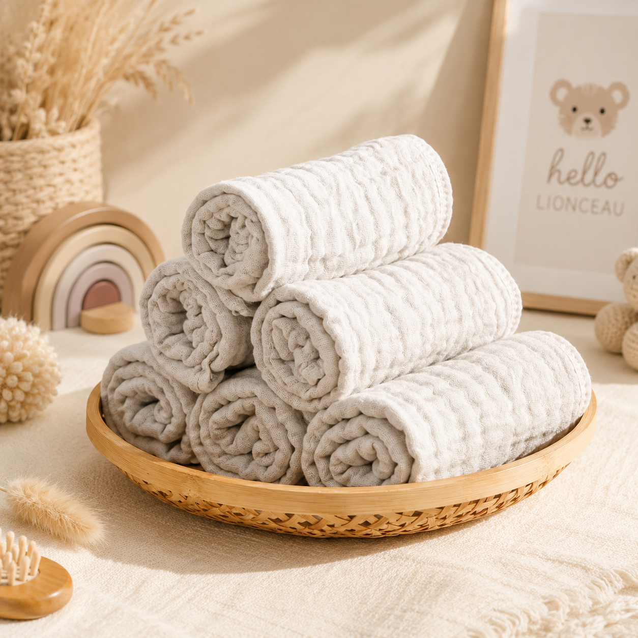 Lot de serviettes bébé beige sable en mousseline présenté dans un plateau en rotin dans une chambre bébé bohème aux tons naturels et lumineux.