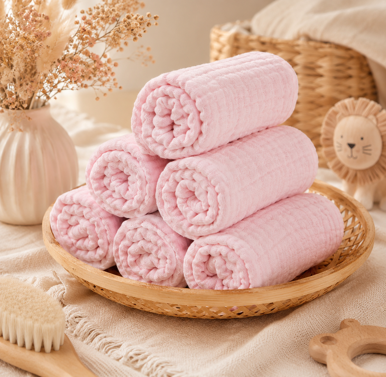 Lot de serviettes bébé rose poudré en mousseline douce présenté dans un panier en rotin dans une ambiance bohème chaleureuse.