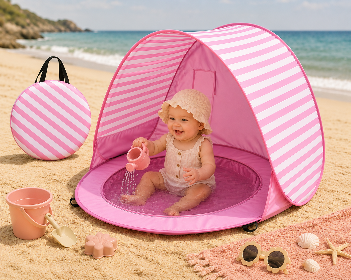 Tente de plage bébé pop-up rose et blanche avec piscine intégrée, présentée dans une mise en scène sur la plage avec bébé qui joue avec un arrosoir.