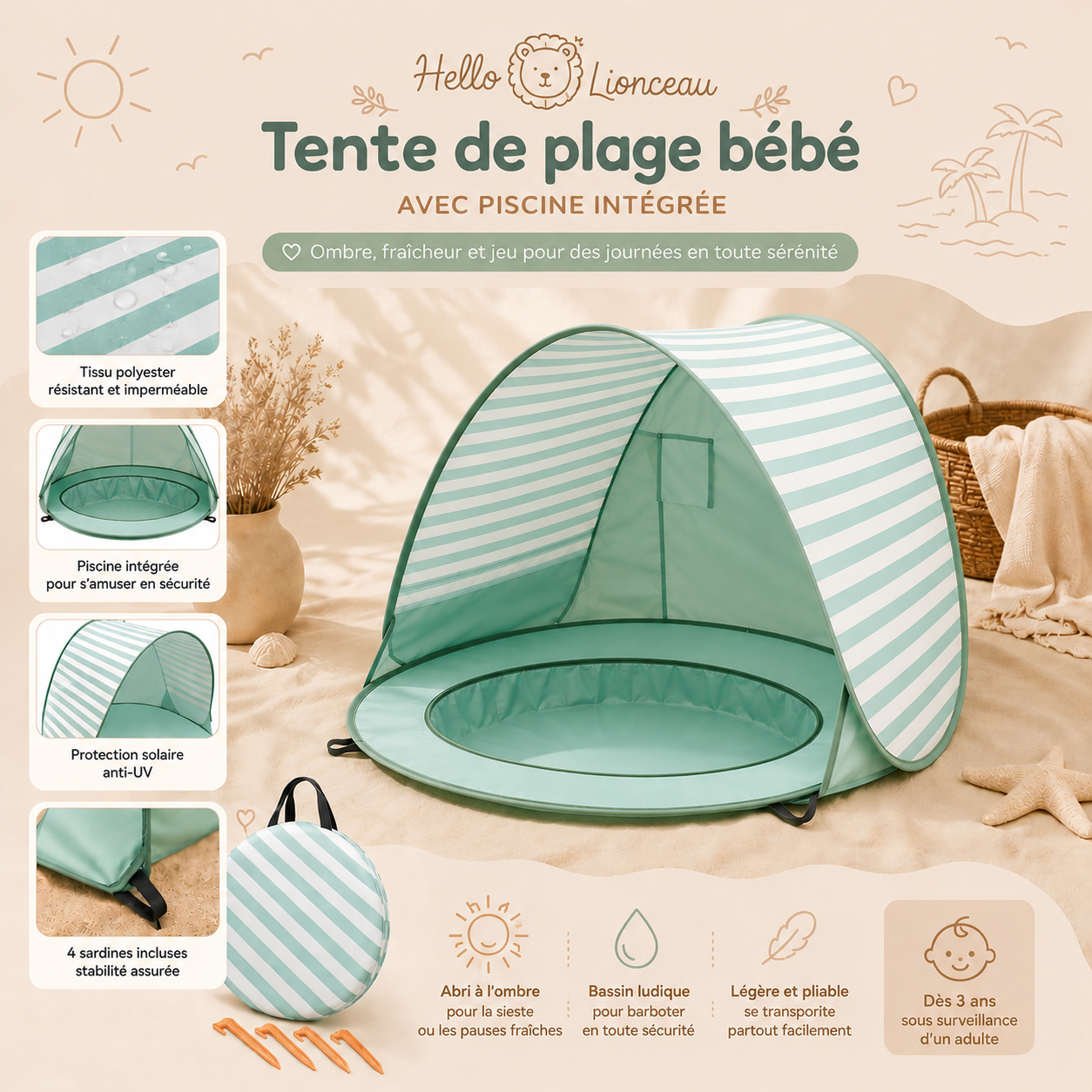 Tente de plage bébé pop-up vert d’eau et blanc avec piscine intégrée, présentée dans une mise en scène estivale bohème aux tons naturels avec accessoires de plage assortis.