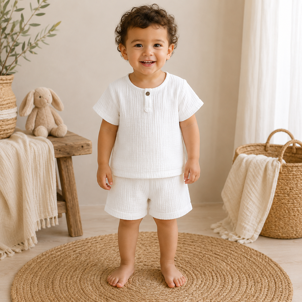 Petit garçon portant un ensemble blanc en coton effet lin composé d’un t-shirt et d’un short, dans une chambre au style bohème naturel.