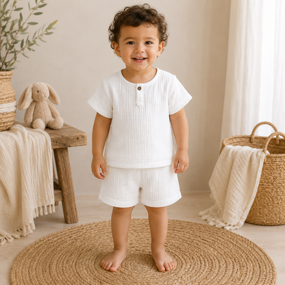 Petit garçon portant un ensemble blanc en coton effet lin composé d’un t-shirt et d’un short, dans une chambre au style bohème naturel.