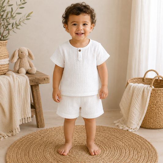 Petit garçon portant un ensemble blanc en coton effet lin composé d’un t-shirt et d’un short, dans une chambre au style bohème naturel.