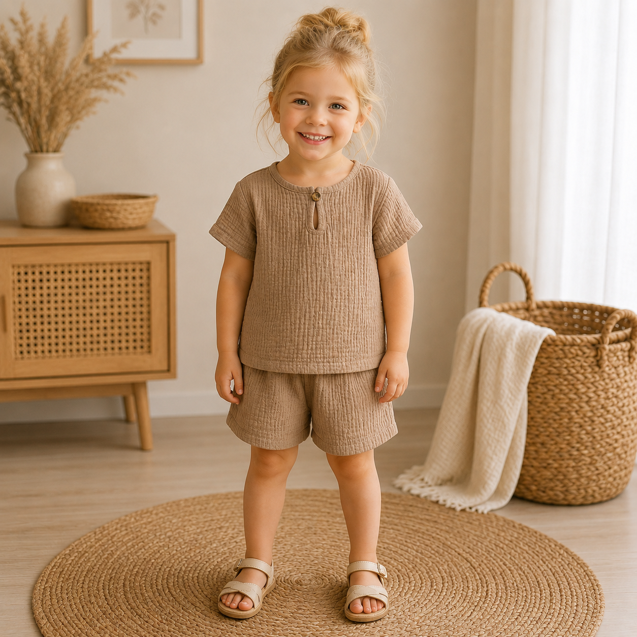 Petite fille blonde portant un ensemble beige en coton effet lin composé d’un t-shirt manches courtes et d’un short, dans une chambre au style bohème naturel.