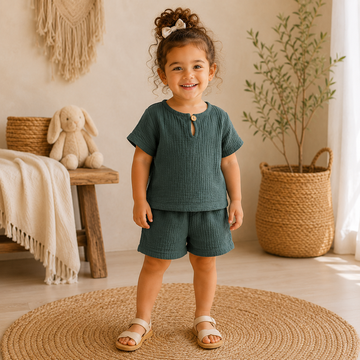 Petite fille portant un ensemble vert en coton effet lin composé d’un t-shirt manches courtes et d’un short, dans une chambre au style bohème naturel.